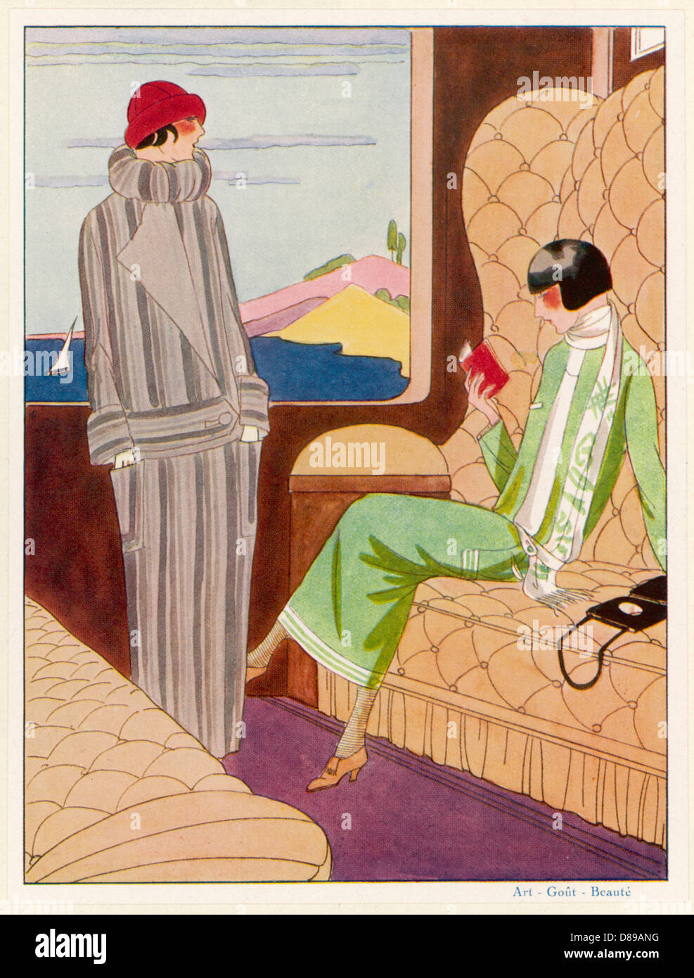 Due eleganti dame in una carrozza ferroviaria Foto Stock