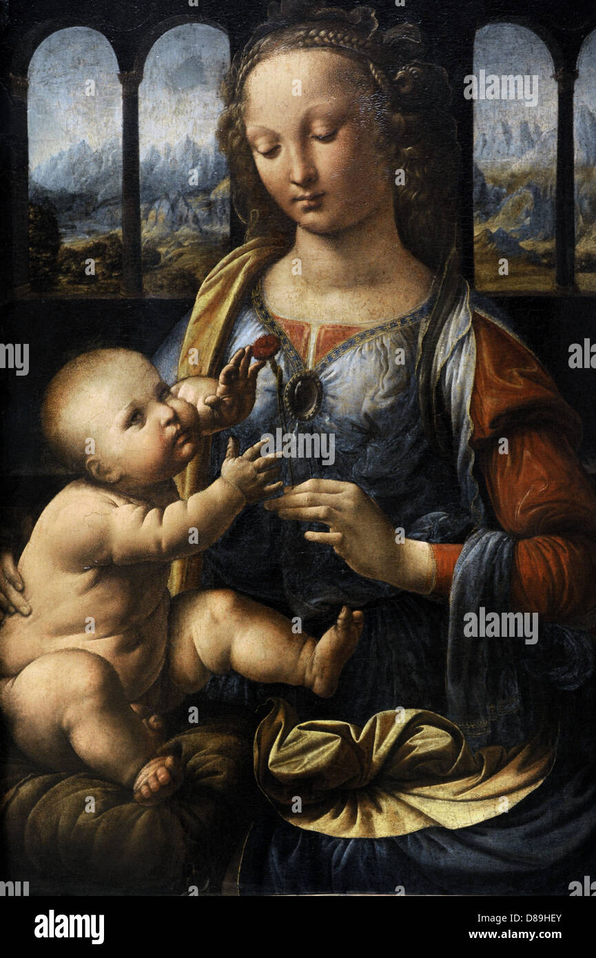 Leonardo da Vinci (1452-1519). Rinascimento Italiano polymath. La Madonna del garofano. 1478-1480. Alte Pinakothek. Monaco di Baviera. Foto Stock