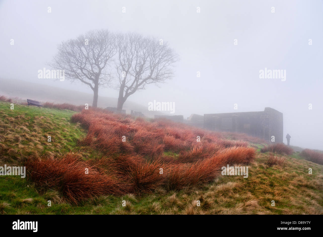 Top Withens rovine nella nebbia, associato con il romanzo Wuthering Heights, vicino Haworth, West Yorkshire, Regno Unito Foto Stock