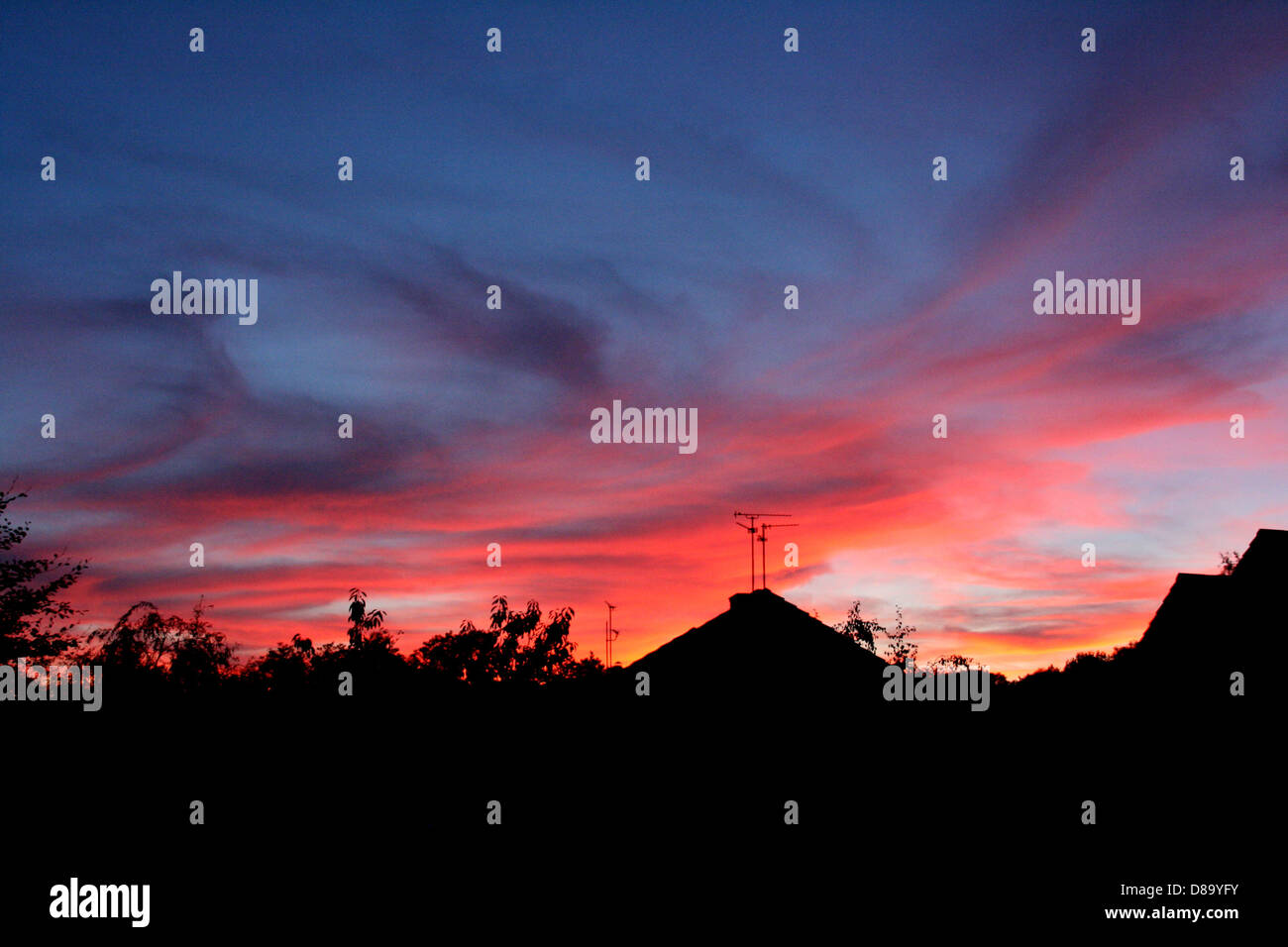 Tramonto su case e boschi a Haywards Heath, Sussex Foto Stock