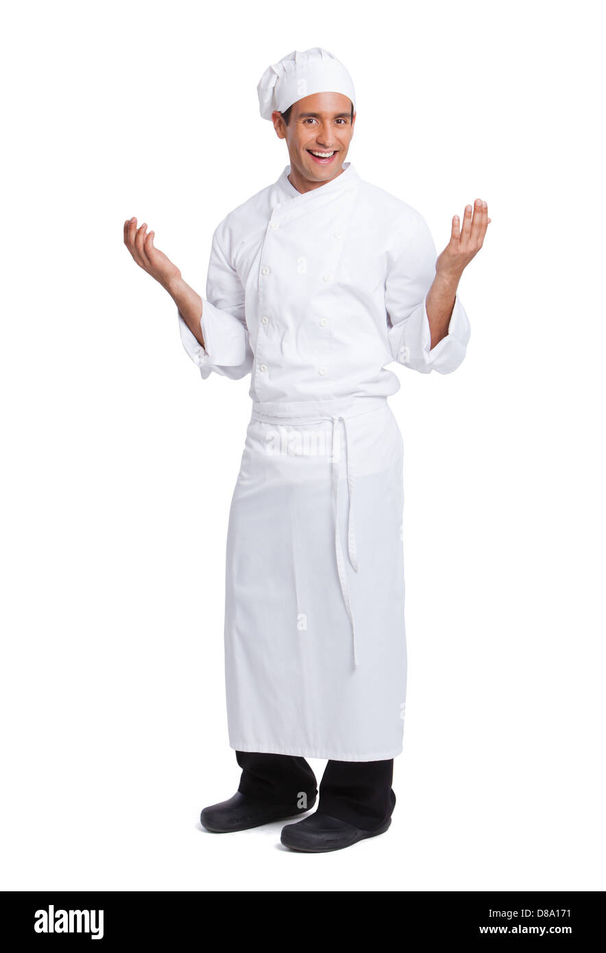 Lo chef maschio sorridente e compiendo gesti mano isolato su bianco Foto Stock