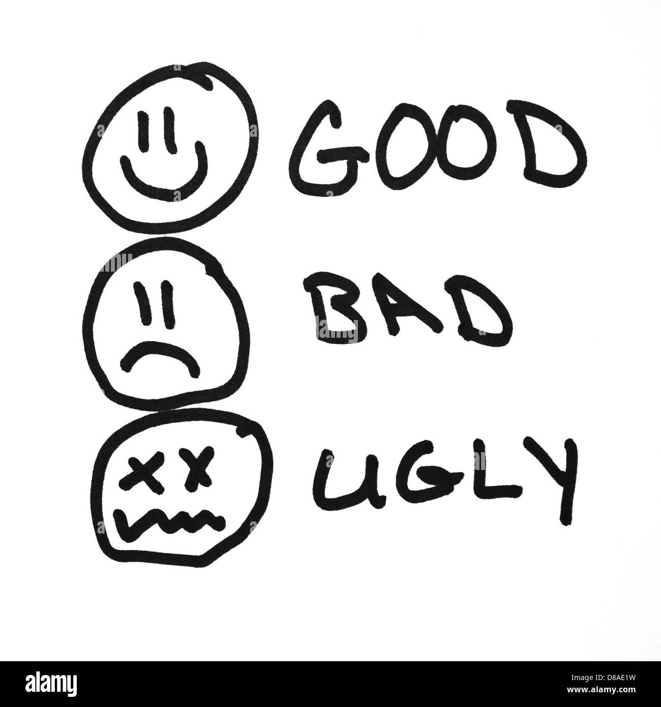 Il titolo "Good, Bad, and Ugly" fa spesso riferimento al classico film WESTERN di Spaghetti, ma può anche simboleggiare lo spettro delle esperienze umane o delle dicotomie morali. Questa immagine potrebbe rappresentare personalità, azioni o situazioni diverse, illustrando i contrasti tra caratteristiche buone, cattive e brutte. Foto Stock
