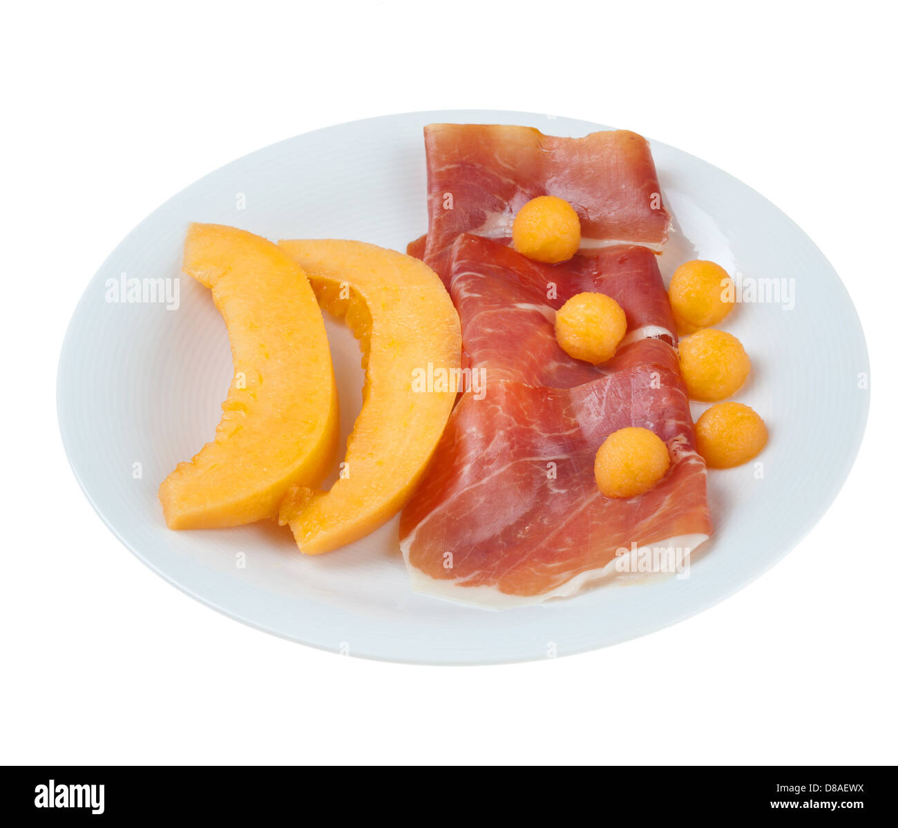 Prosciutto crudo con melone su bianco Foto Stock