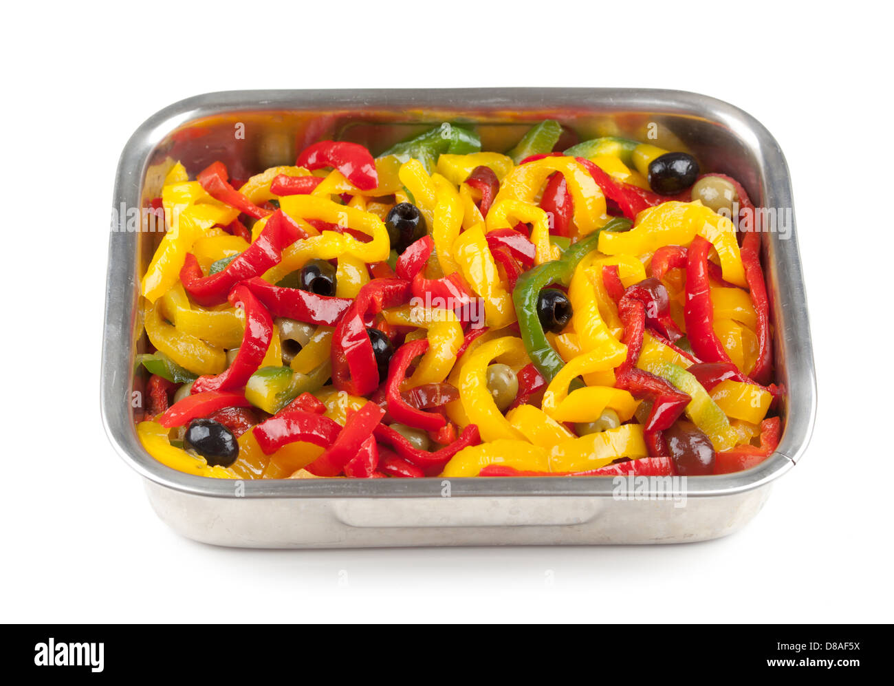Peperoni arrosto con olive nere. Foto Stock