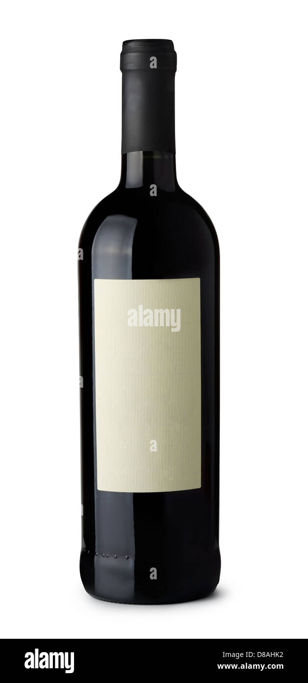 Una bottiglia di vino rosso con etichetta vuota isolata su bianco Foto Stock