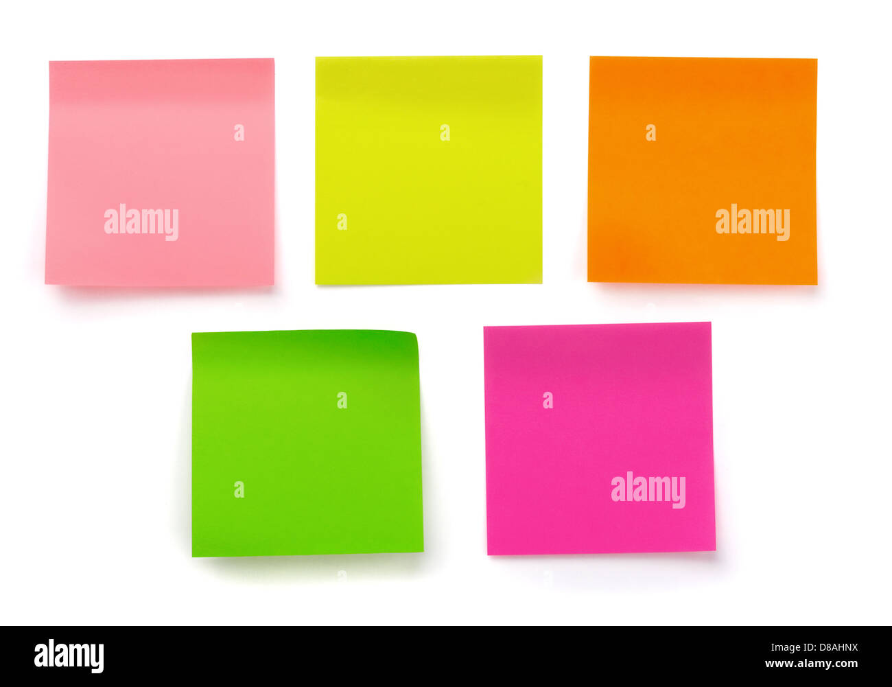 Cinque colori blank sticky notes isolato su bianco Foto Stock