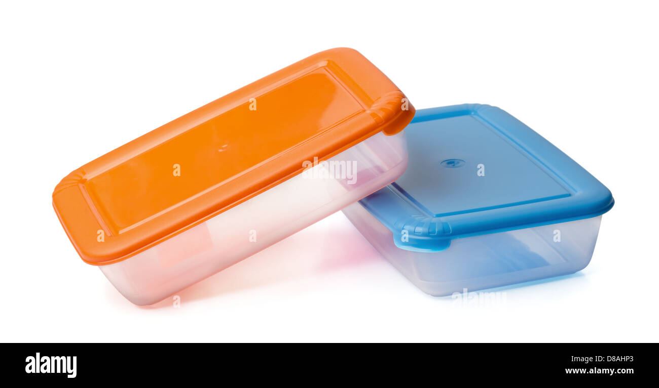 Due contenitori di plastica alimentare isolato su bianco Foto Stock