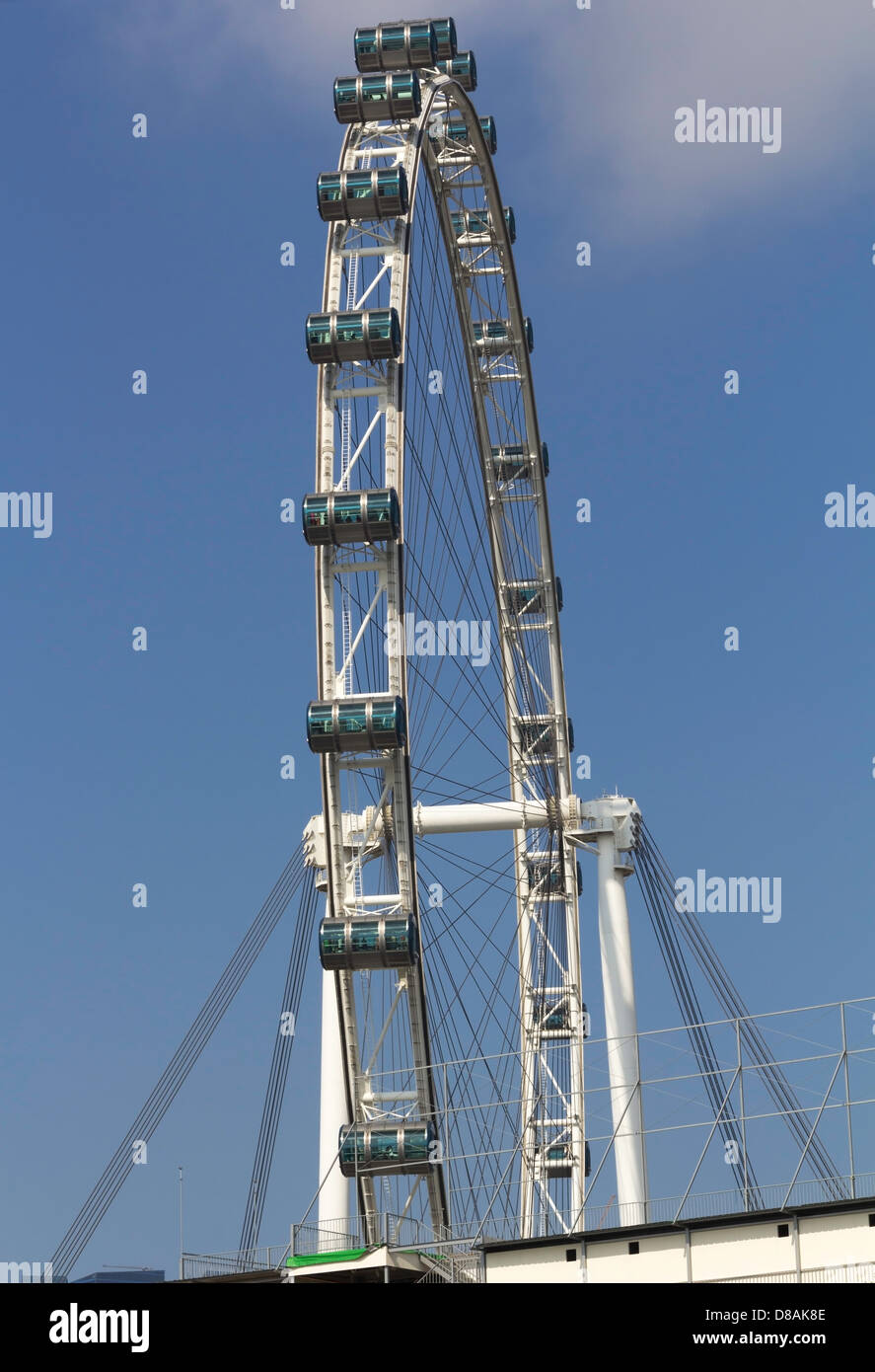 La sezione di ruota del Singapore Flyer con una sezione di nuvola bianca sulla parte superiore. Capsule chiaramente visibile, che trasportano i visitatori Foto Stock