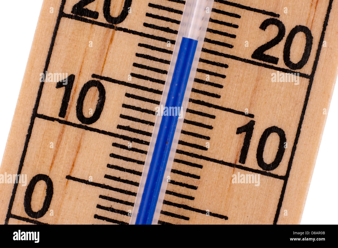 Chiudere obliquo di un vecchio mercurio sala blu termometro in gradi Celsius Foto Stock