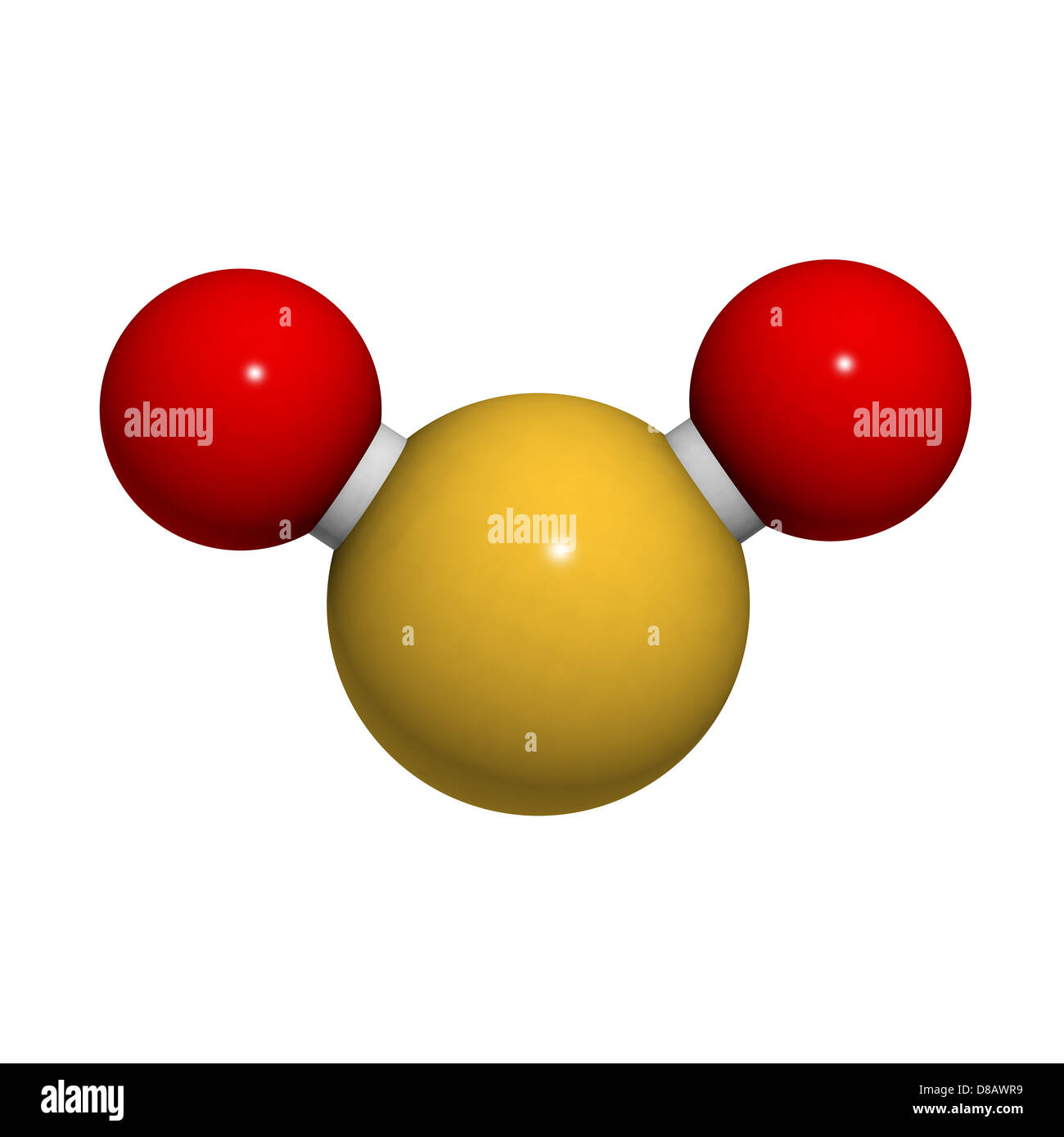 Il biossido di zolfo (anidride solforosa, SO2), gas modello molecolare. Così2 (E220) è anche utilizzato nel processo di vinificazione. Foto Stock