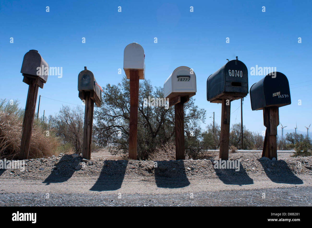 Cassette postali in Valle di Coachella vicino Indio, CALIFORNIA, STATI UNITI D'AMERICA Foto Stock