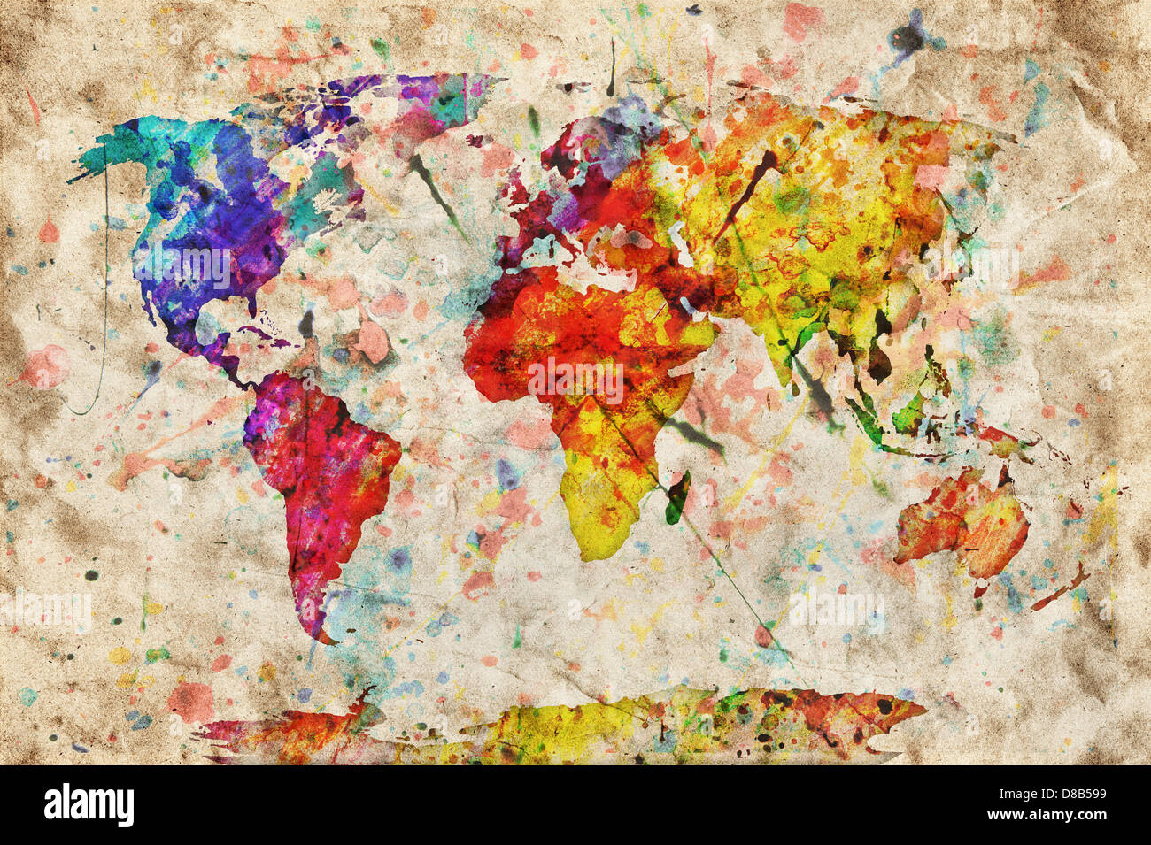 Vintage Mappa Del Mondo. Vernice Colorata, Acquerello Su Grunge Vecchia Carta G0g6yj