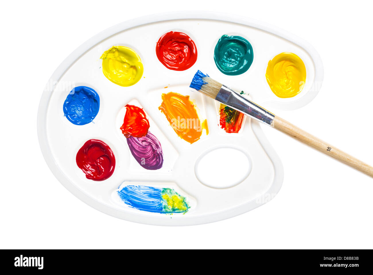 Vernice, tavolozza di colori differenti, il pennello. Foto Stock Vernice, tavolozza di colori differenti, il pennello. Foto Stock