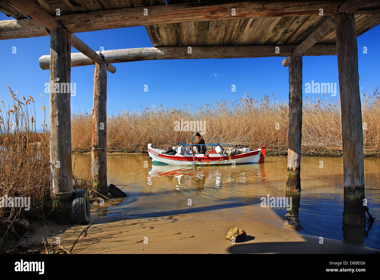 Pescatore al delta del fiume Strymonas, serre, Macedonia, Grecia. Foto Stock