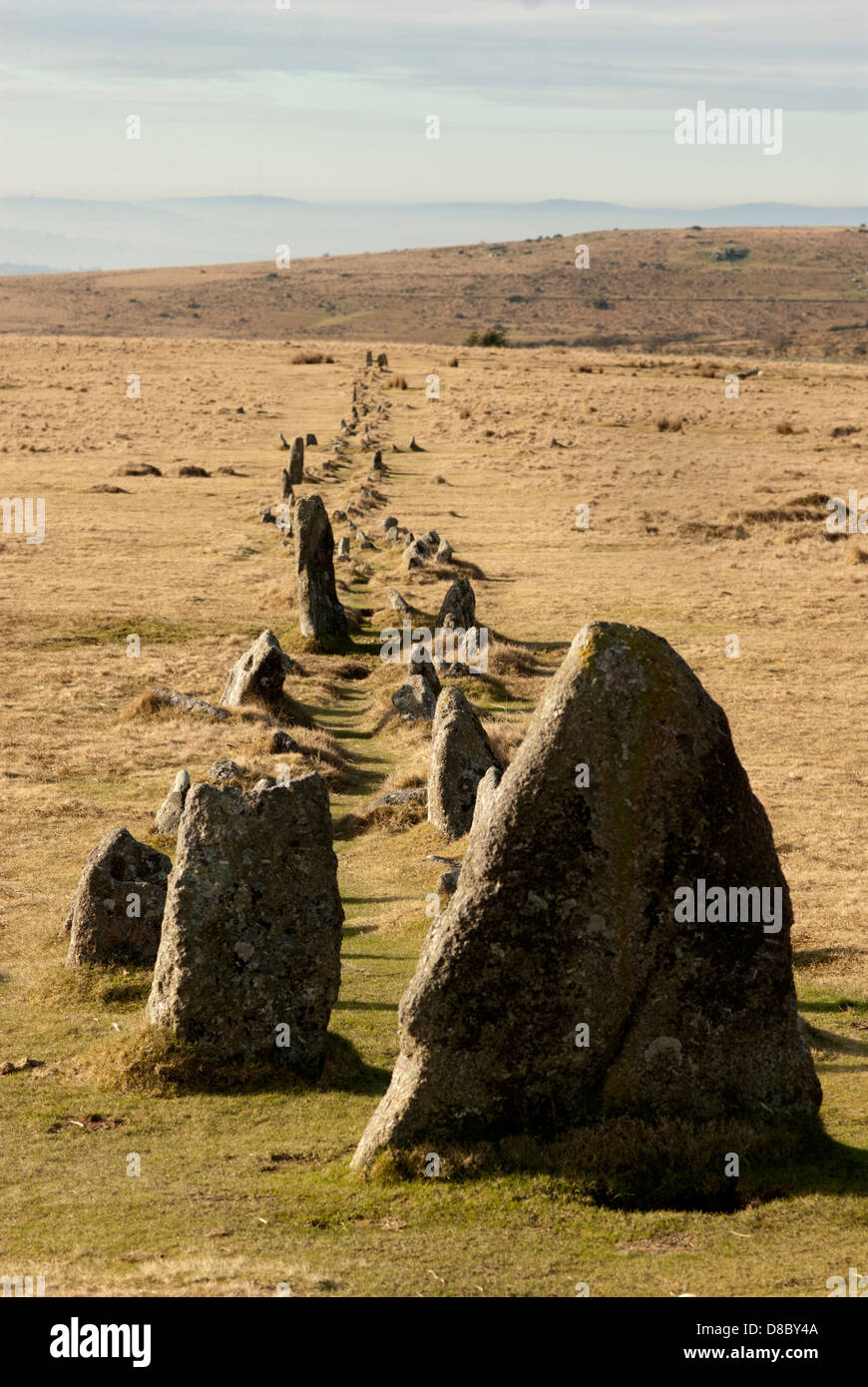 Merrivale righe di pietra, Dartmoor Devon, Regno Unito Foto Stock