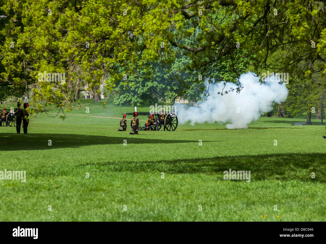 Canon allo sparo per celebrare lo stato apertura del Parlamento, il London Green Park Foto Stock