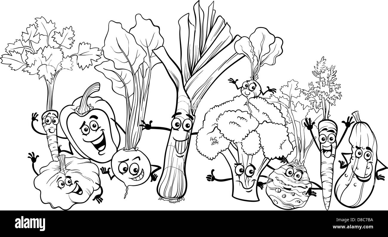 Bianco e Nero Cartoon illustrazione di verdure divertenti personaggi alimentare grande gruppo per libro da colorare Foto Stock
