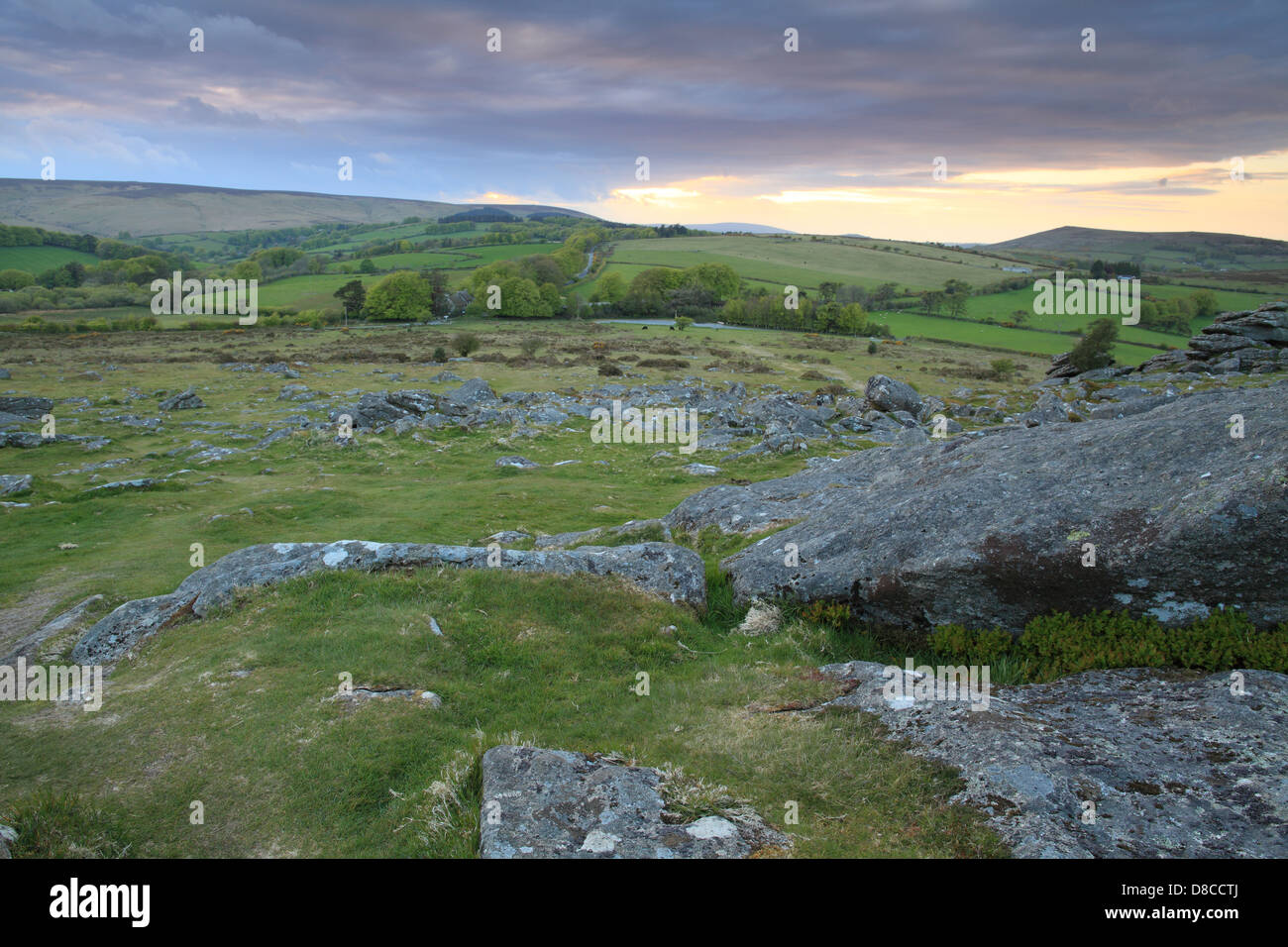 Vista serale dal hound verso Hayne giù, Dartmoor, England, Regno Unito Foto Stock
