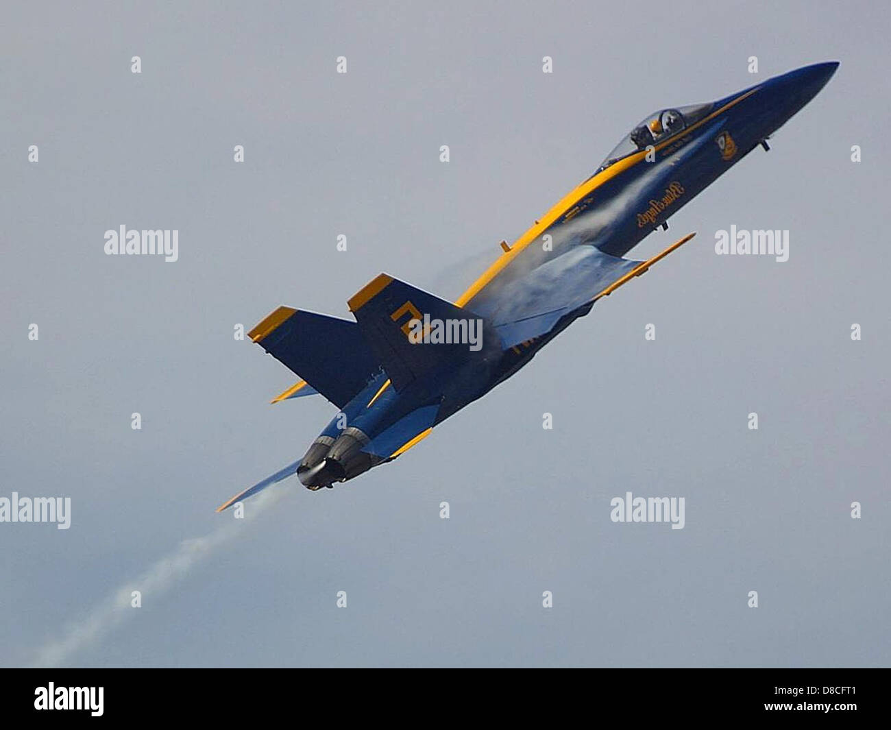 Questa immagine mostra i Blue Angels, lo squadrone dimostrativo di volo della Marina degli Stati Uniti, in azione. I Blue Angels sono rinomati per le loro manovre acrobatiche di precisione e per i loro getti da combattimento dipinti in blu e oro. I piloti sono altamente addestrati per eseguire acrobazie aeree complesse che dimostrano la loro abilità e coordinazione. Foto Stock