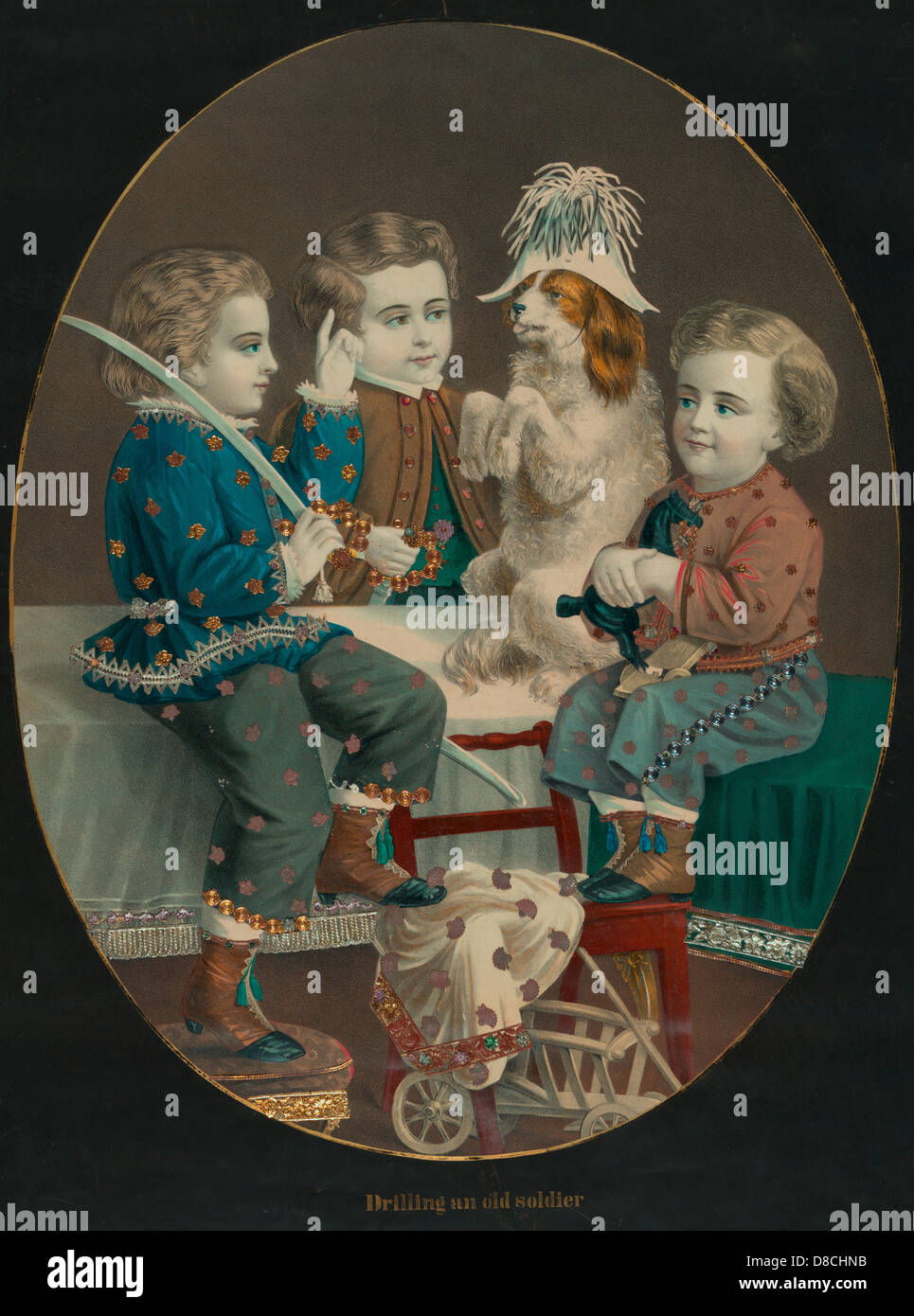 La perforazione di un vecchio soldato - Bambini vestire il loro cane come un soldato, circa 1880 Foto Stock