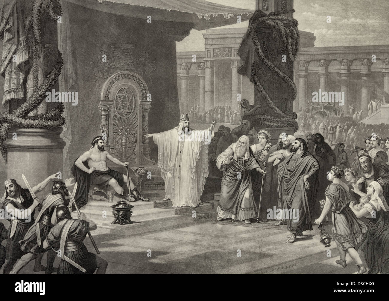 Il lavoratore di ferro e il re Salomone - un fabbro seduto su uno sgabello accanto al trono di Salomone, pensato per essere un usurpatore, la folla si precipita in avanti per rimuoverlo lui. L'uomo spiega a Salomone che il tempio non poteva essere costruita senza utensili realizzati dai fabbri (ferro lavoratori), dopodiché Salomone gli concede una sede d'onore. Foto Stock