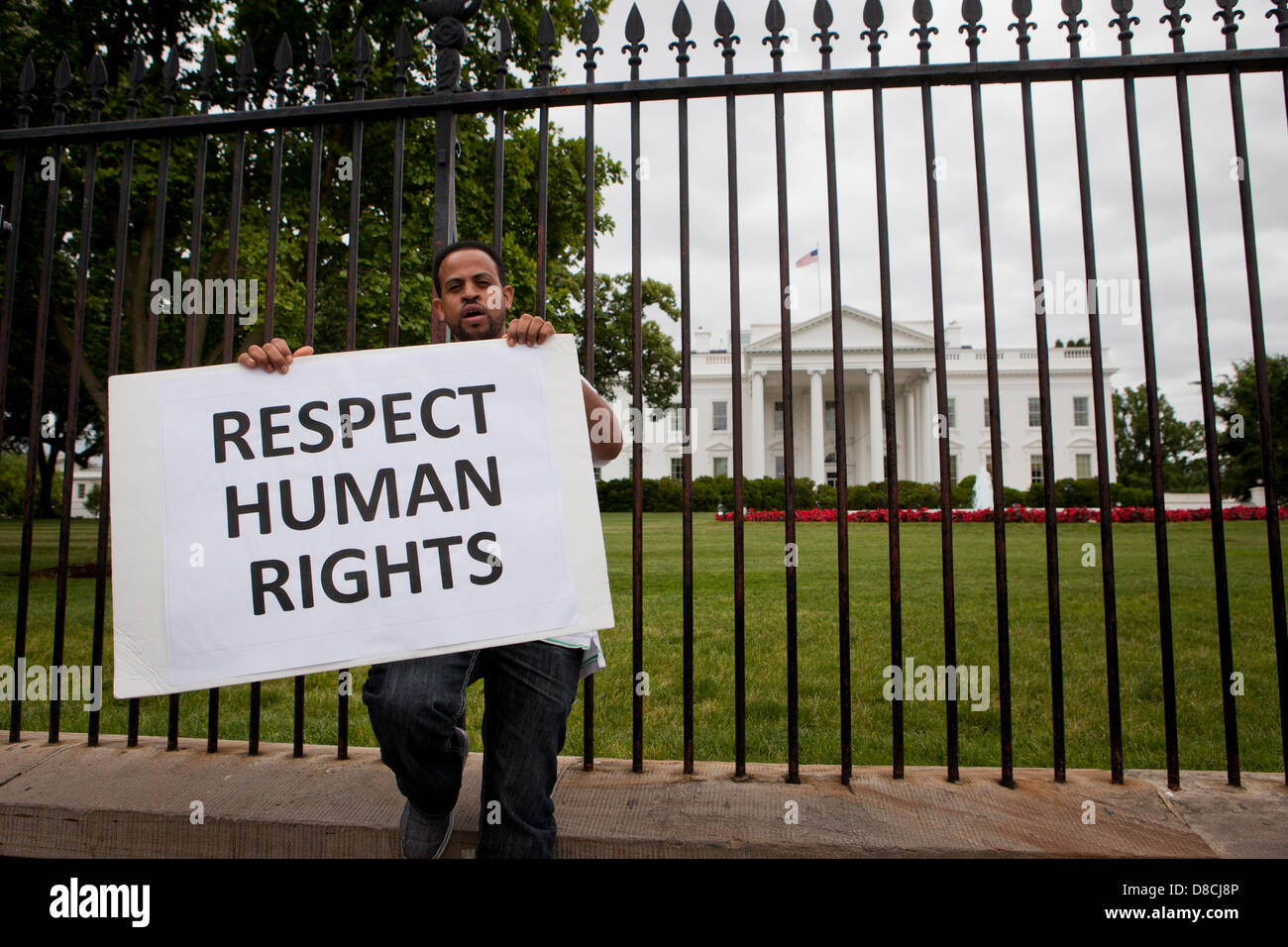 Attivista per i diritti umani tenendo un cartello fuori della Casa Bianca palizzata - Washington DC, Stati Uniti d'America Foto Stock