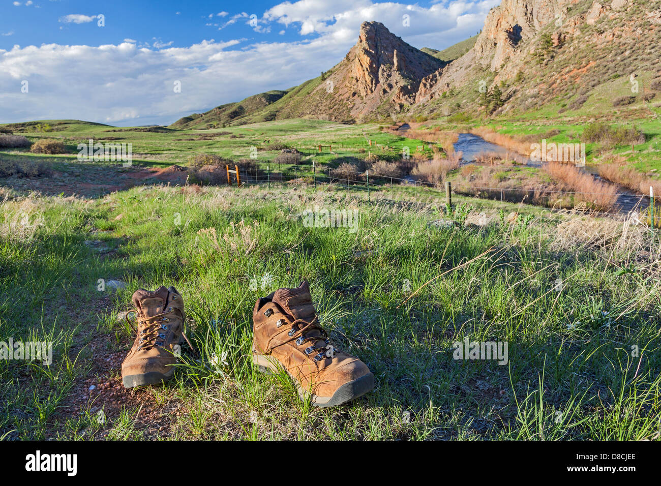 Scarpe da trekking su un sentiero - Eagle Nest Rock spazio aperto in Colorado di primavera Foto Stock