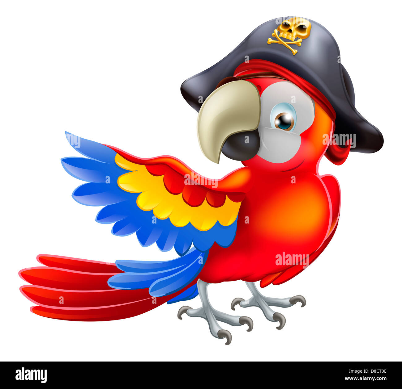 Un pappagallo rosso cartoon indossando un cappello dei pirati e eye patch e dispositivo di puntamento con il suo o la sua ala Foto Stock