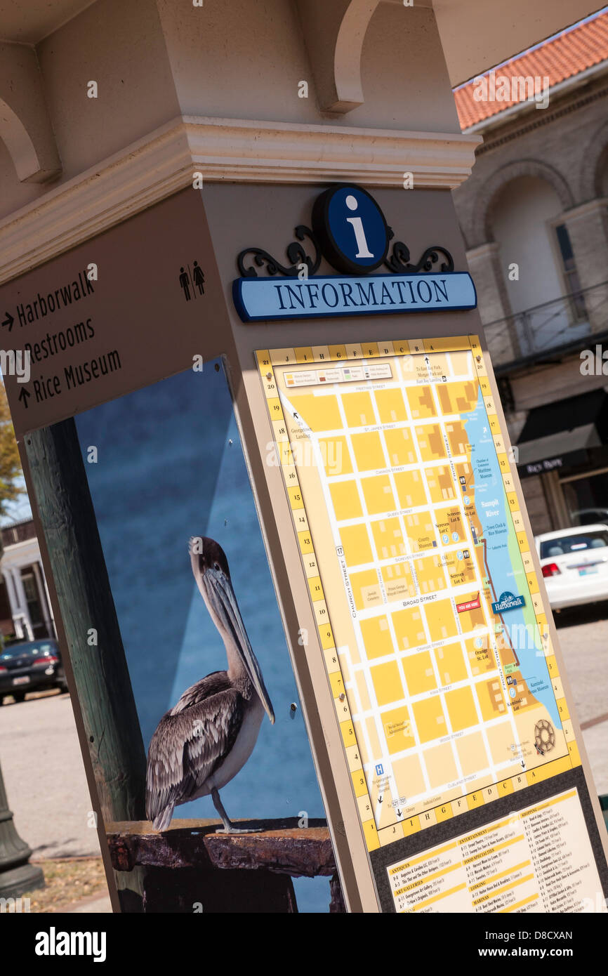 Historic Front Street Waterfront Mappa Area e un chiosco informazioni, Georgetown, SC Foto Stock