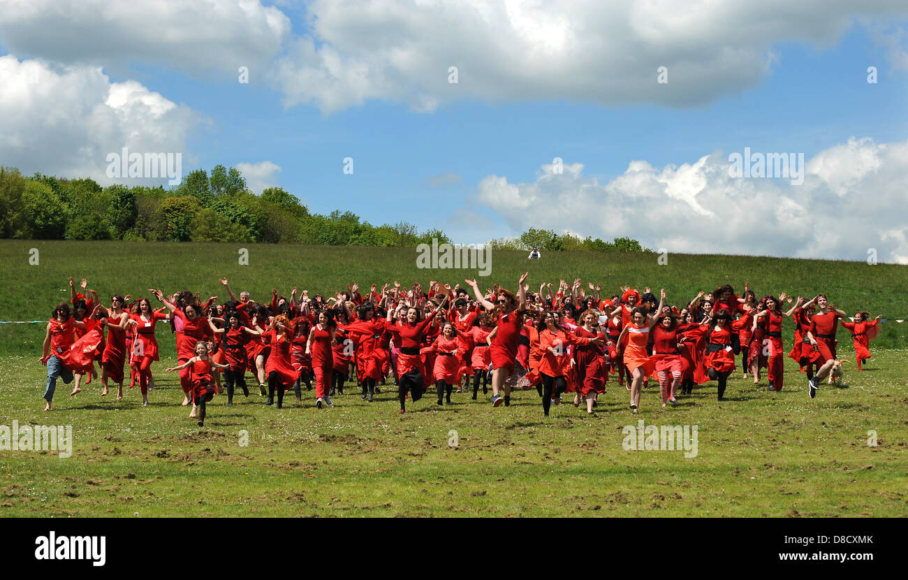 Brighton, Sussex, Regno Unito. Il 25 maggio 2013. Centinaia di persone e anche alcuni cani tutti abbigliati come Kate Bush per il Festival di Brighton Foto Stock