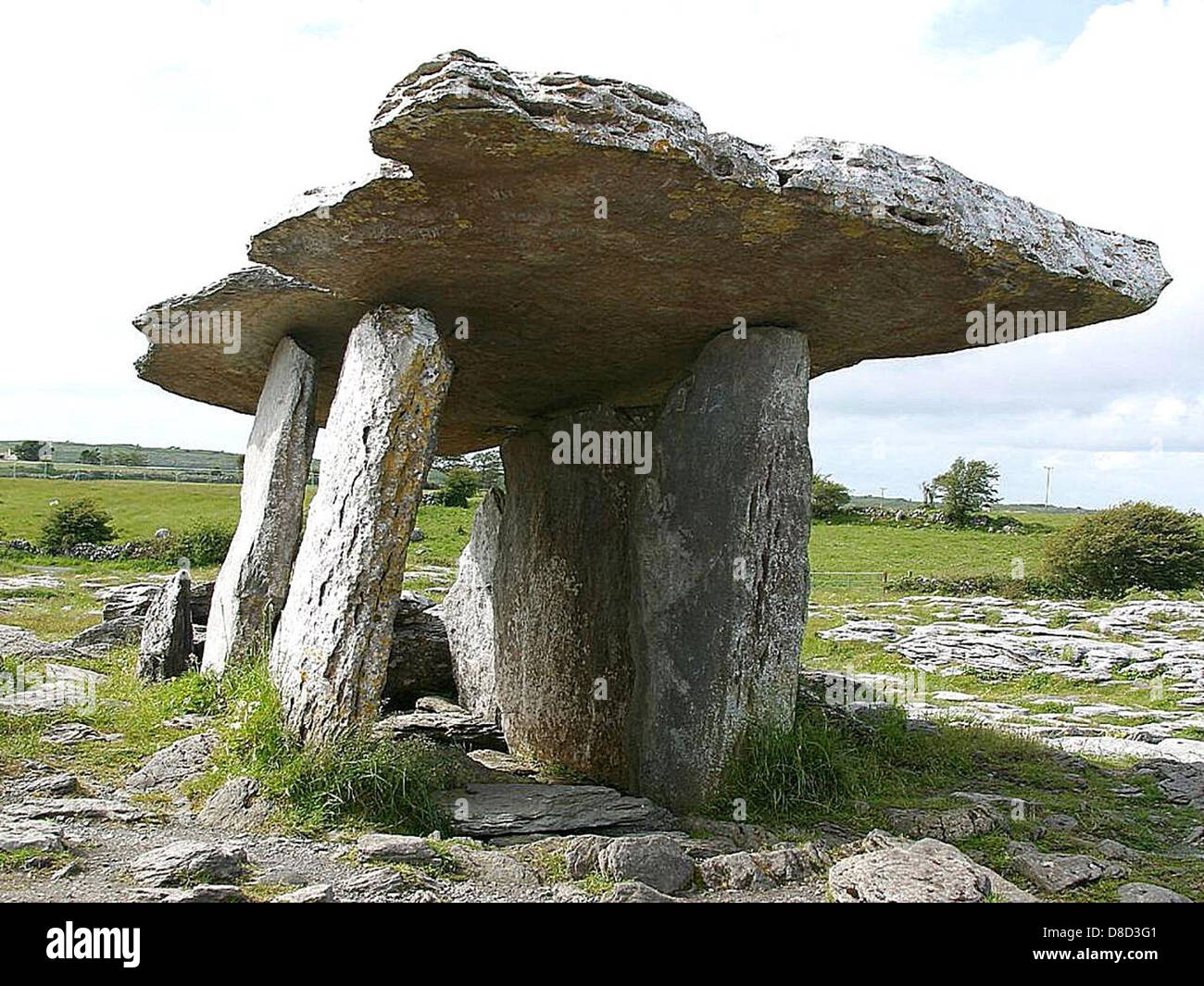 Il Paulnabrone Dolmen, una tomba preistorica a portale in Irlanda, presenta grandi lastre di pietra disposte per formare una camera. Questo sito storico è un esempio di architettura megalitica, risalente al periodo neolitico e che offre informazioni sulle antiche pratiche di sepoltura. Foto Stock