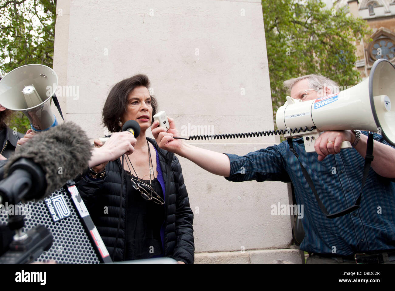 Londra, Regno Unito. Il 25 maggio 2013. Bianca Jagger parla contro la Monsanto durante una manifestazione di protesta contro gli organismi geneticamente modificati (OGM) Credito: Pete Maclaine/Alamy Live News Foto Stock