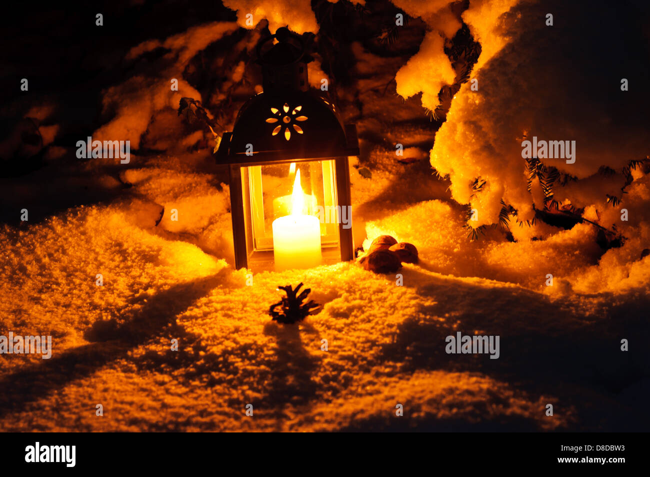 La luce di una candela in inverno la foresta, Lanterna si accende nella neve fuori sotto gli alberi Foto Stock