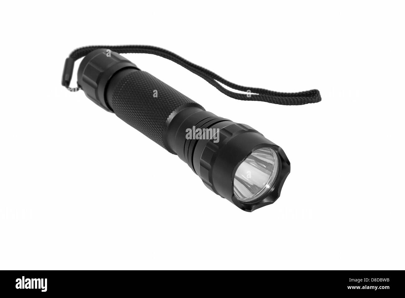 Torcia elettrica, isolata, bianco, nero, flash, torcia, alimentazione attrezzo, luminose, attrezzature, acciaio, lampadina, luce, elettrica, lampada, sfondo Foto Stock