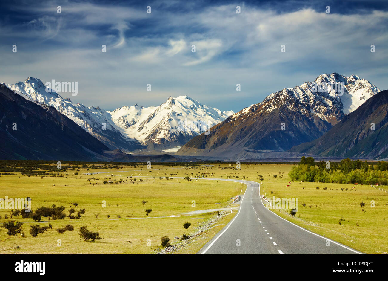 Paesaggio con strada e montagne innevate, Alpi del Sud, Nuova Zelanda Foto Stock
