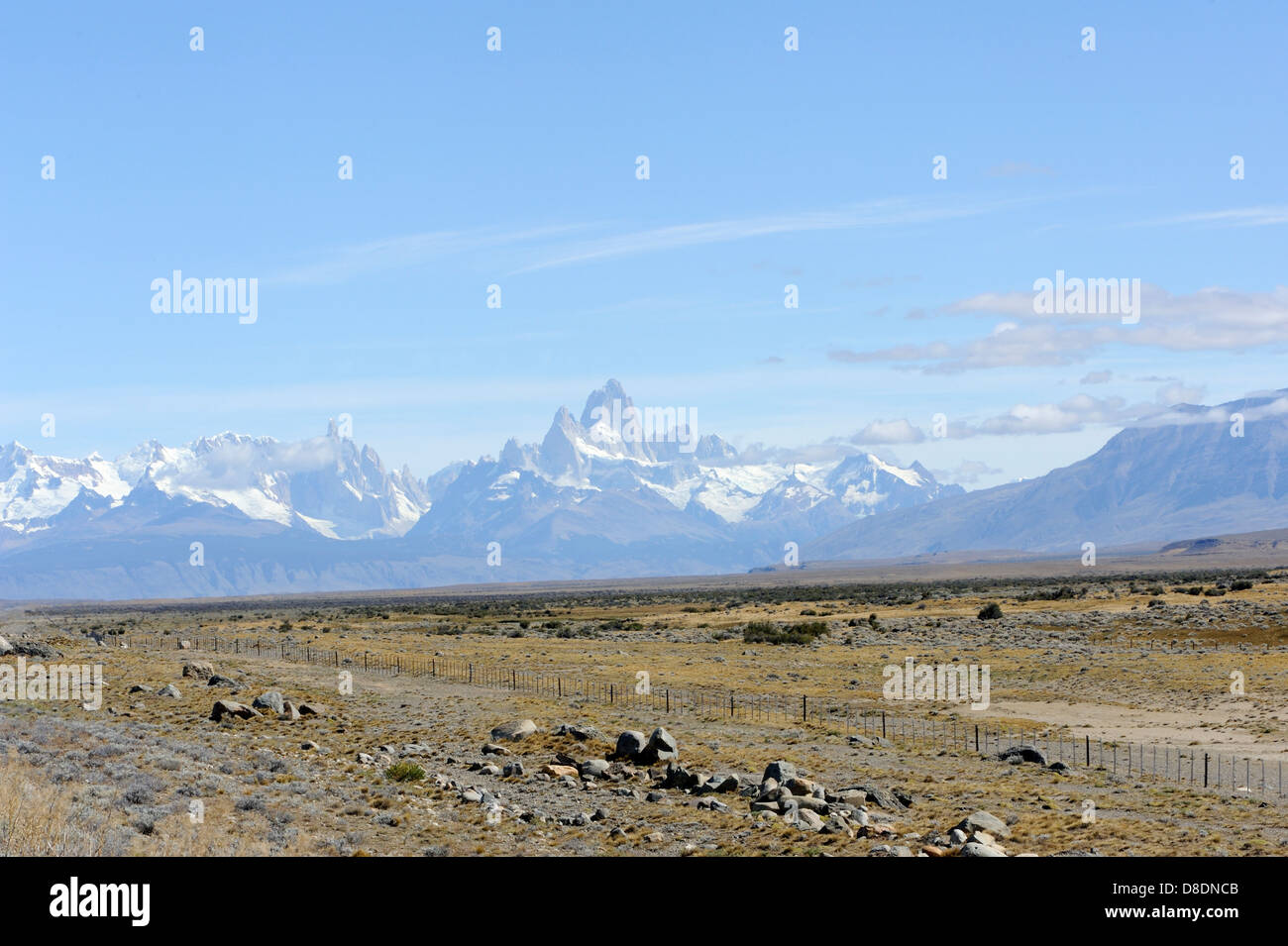 Guardando attraverso la steppa della Patagonia al Monte Fitz Roy (Cerro Chaltén, Cerro Fitz Roy, Monte Fitz Roy, Mount Fitzroy) Foto Stock
