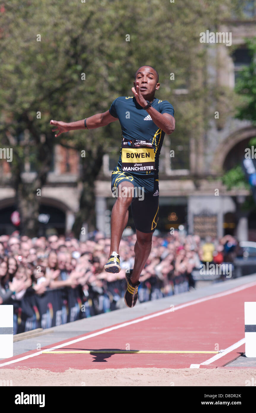 Jhamal Bowen competere nel salto in lungo al BT grande città giochi, Manchester, ha concluso al quarto posto con un salto di 07 m Foto Stock