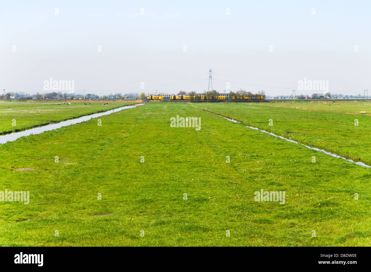 Treno che passa nel tipico paese olandese paesaggio in primavera - immagine può essere ritagliata per panorama Foto Stock