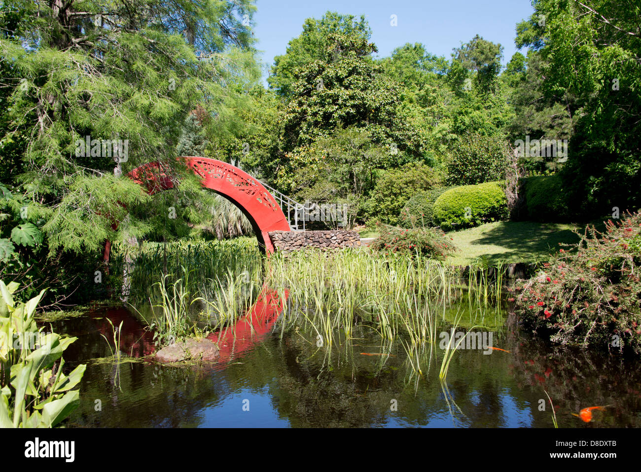 In Alabama, Theodore vicino Mobile. Storica i Bellingrath Gardens e Home, Asiatico-Americano di giardino. Rosso ponte asiatici e koi pond. Foto Stock