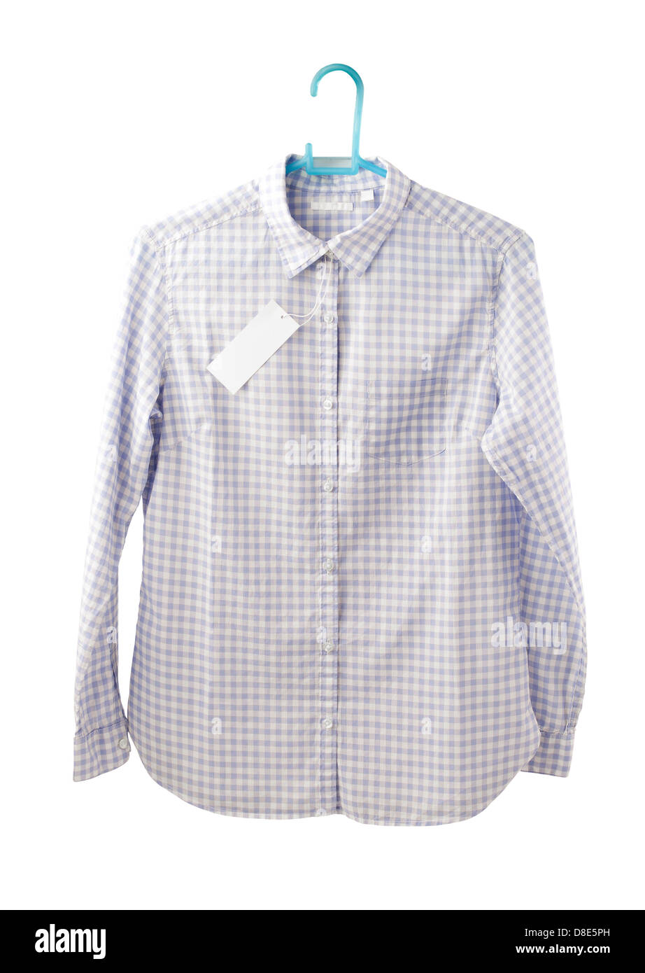 Blue plaid shirt con la linguetta sulla staffa isolati su sfondo bianco Foto Stock