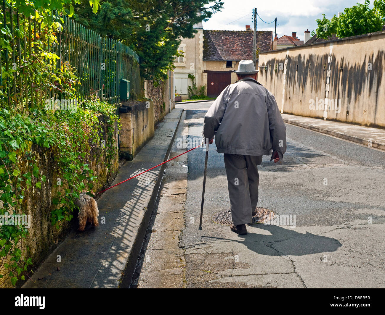 Casualmente vestito uomo a camminare cane - Francia. Foto Stock