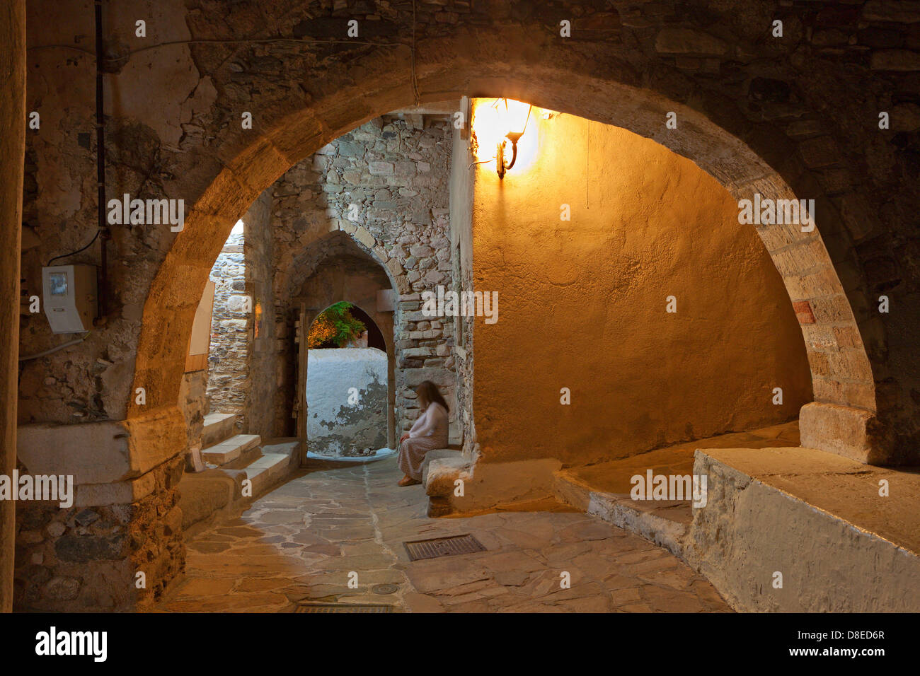 Vecchie strade medievali al Castello di isola di Naxos in Grecia Foto Stock