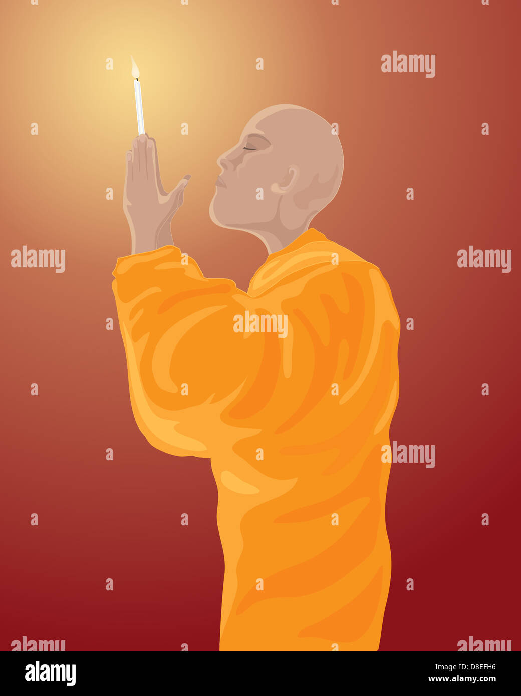 Una illustrazione di un monaco buddista in arancione vesti meditando con candela accesa al buio su un sfondo rosso Foto Stock