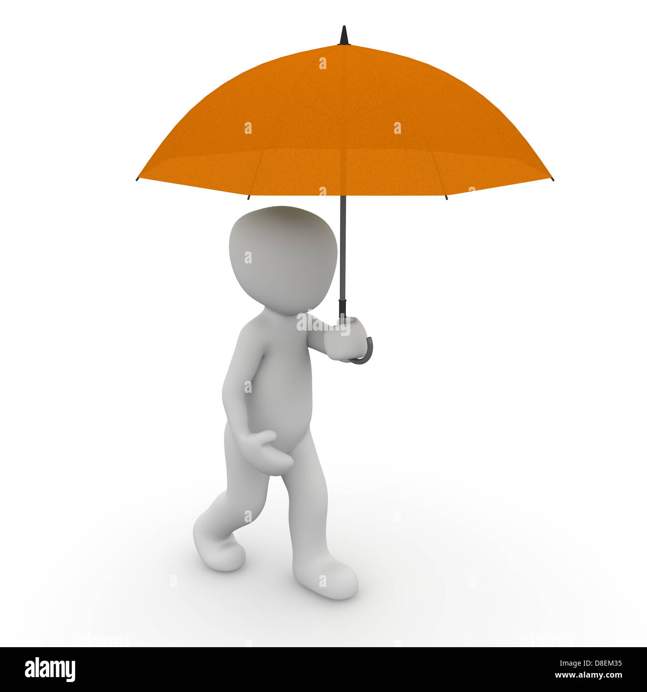 Un 3D carattere protegge se stesso con un ombrello arancione dalla pioggia. Foto Stock