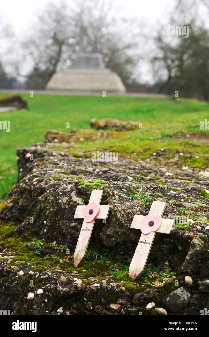 Due in ricordo attraversa con papaveri sedersi su moss pietra coperta presso la Commissione delle tombe di guerra del Commonwealth cimitero in Normandia Foto Stock