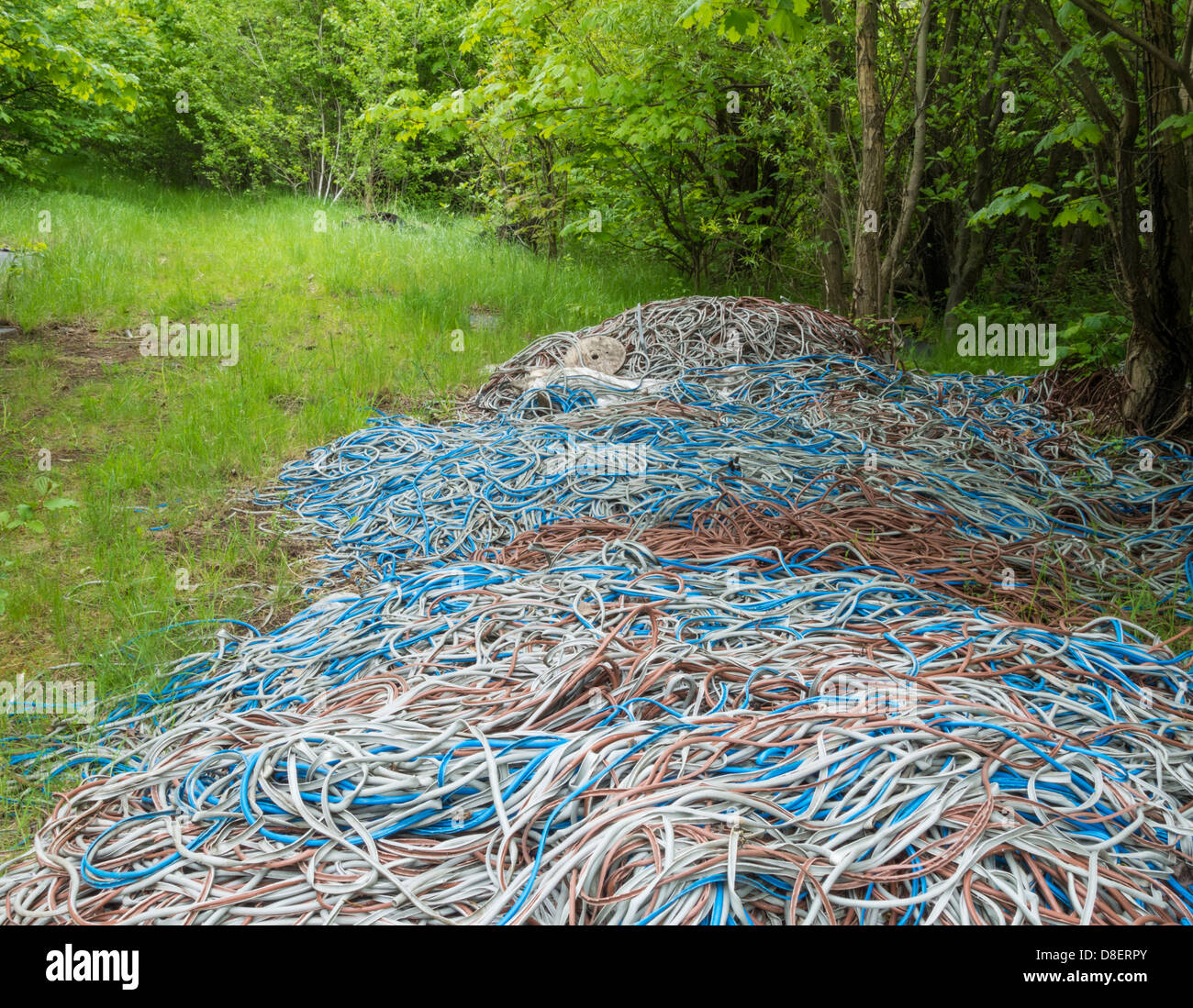 Pila di cavi esterno spogliato dei metalli di rame oggetto di dumping nella campagna Quick Pricing prezzi personalizzati Foto Stock
