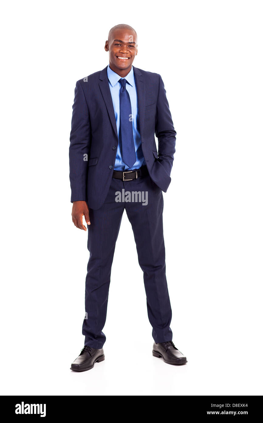 Bello African American businessman in tuta isolato su bianco Foto Stock