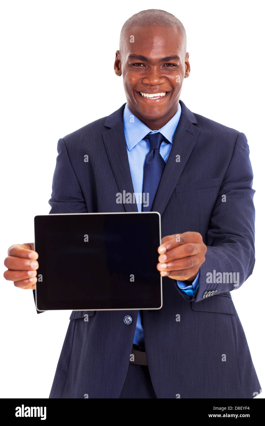 Happy businessman africani azienda computer tablet Foto Stock