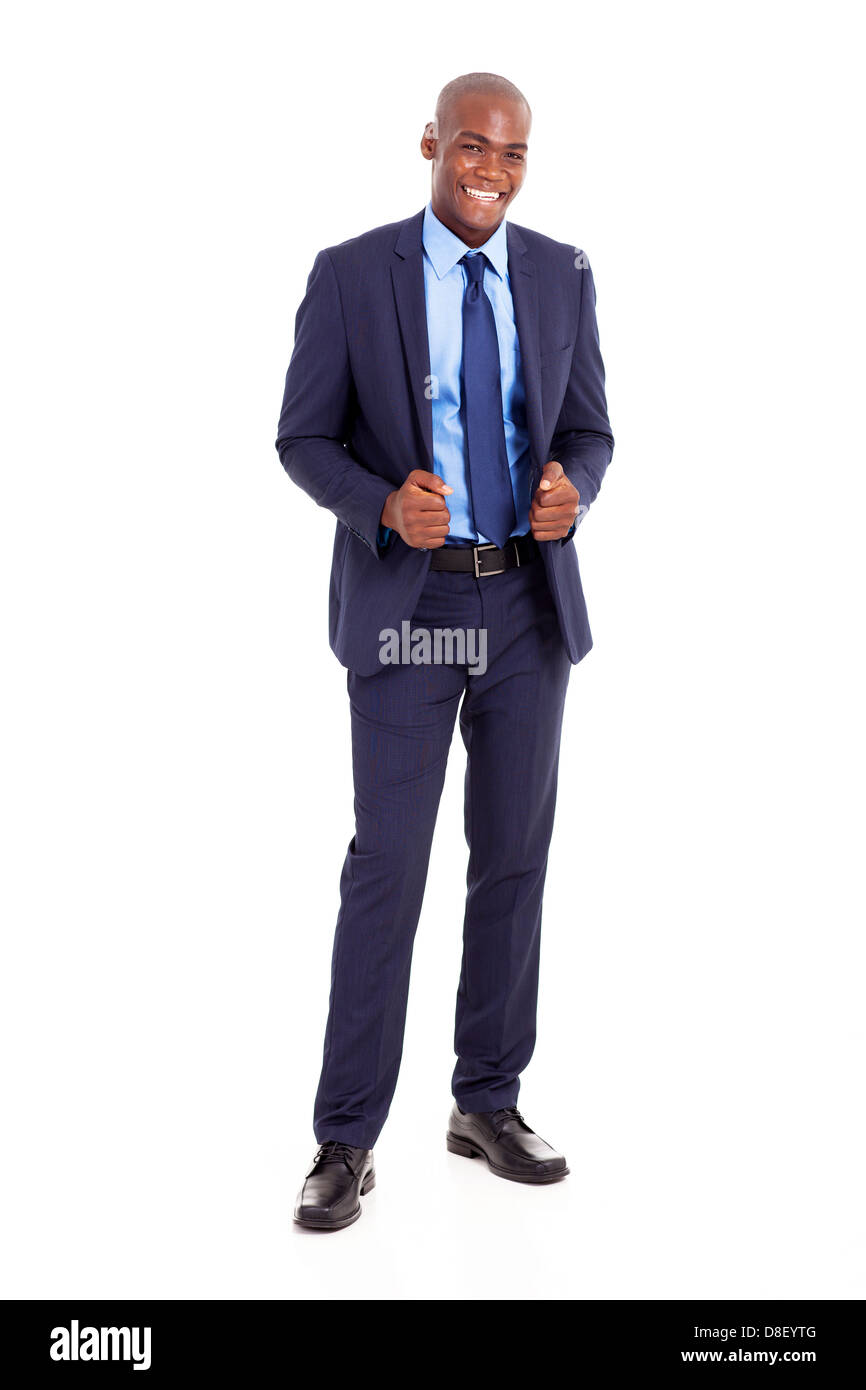 Bello imprenditore nero in tuta isolato su bianco Foto Stock