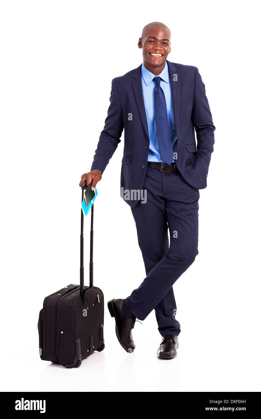 Nero viaggiatore business a piena lunghezza ritratto su bianco Foto Stock
